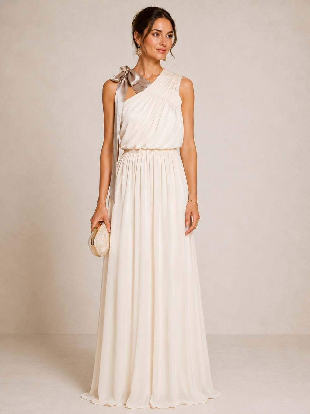 Needle & Thread Ivory Grecian One Shoulder Satin Maxi Gown Taupe Bow US 8
